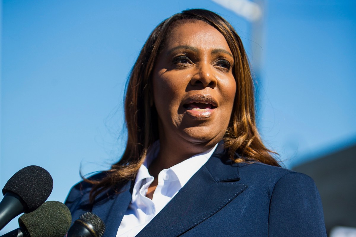 A close-up of Letitia James speaking outdoors