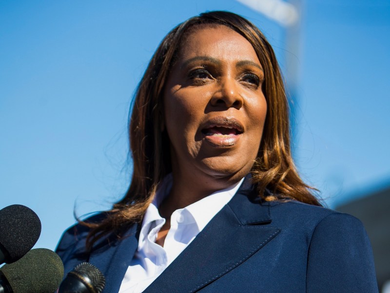 A close-up of Letitia James speaking outdoors