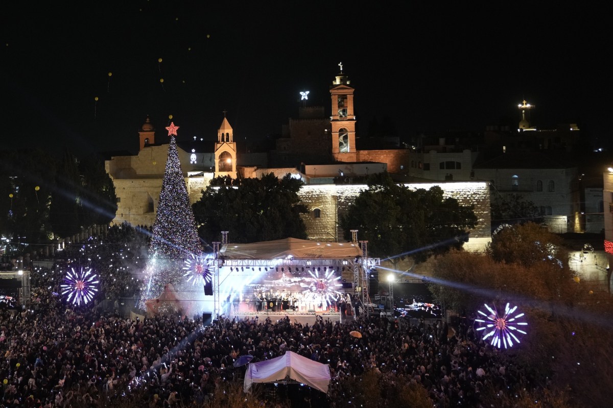 A large gathering of people in a city square around a large Christmas tree and a stage.