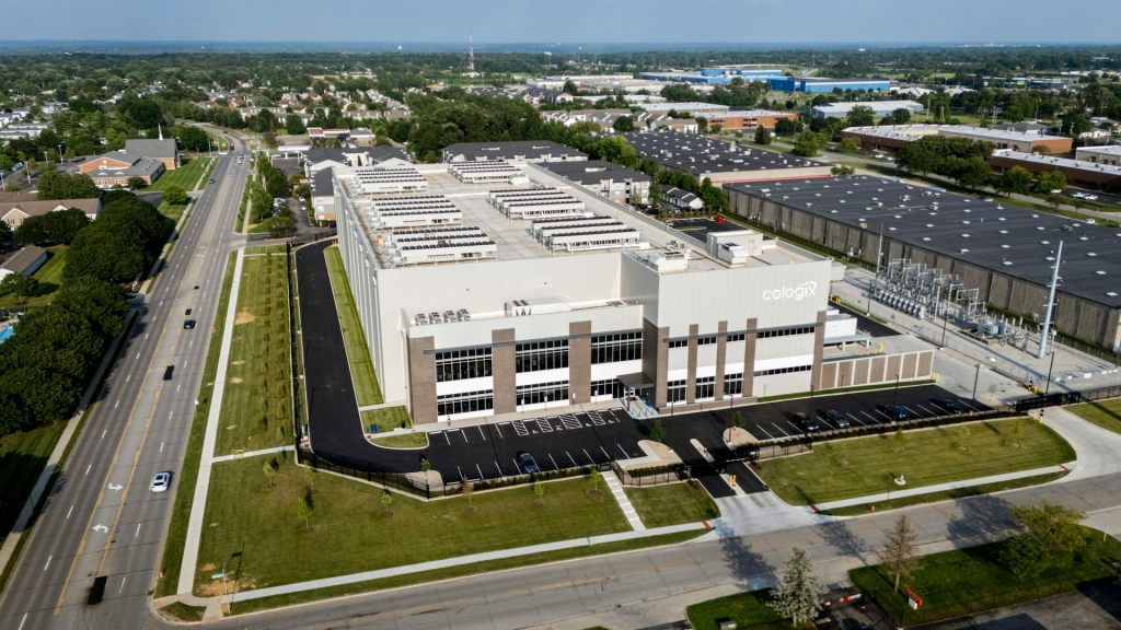 An overhead view of a data center building