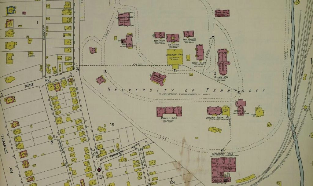 A large map with buildings marked yellow and purple.