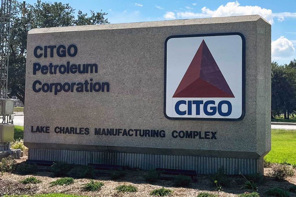 A concrete block sign that says “CITGO Petroleum Corporation” with the company’s logo on it.