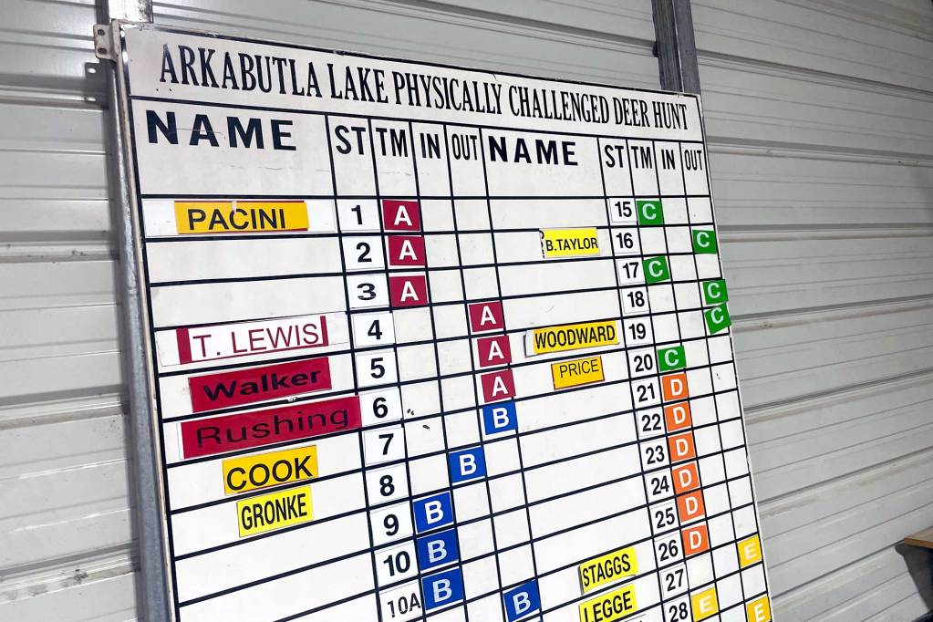 A whiteboard titled 'Arkabutla Lake Physically Challenged Deer Hunt" with names of people and in and out times