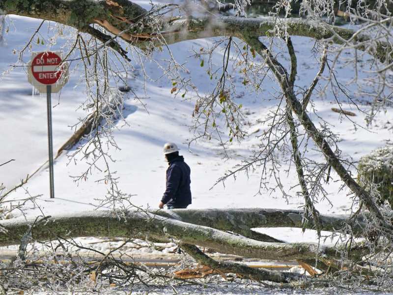 An electrical worker in a white hard hat walks down a snow covered street past fallen trees