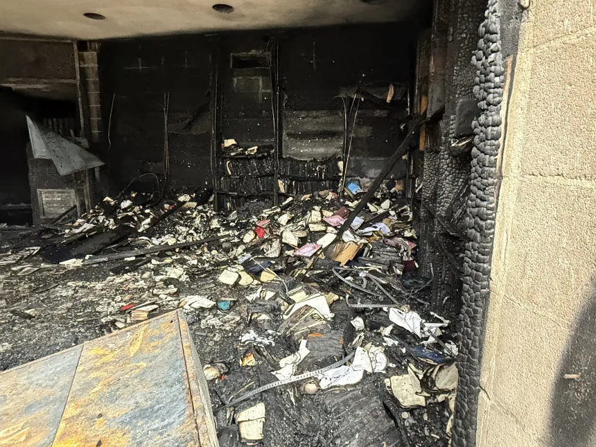 Inside the Beth Israel Congregation building the day after a fire ripped through the library and other parts of the building