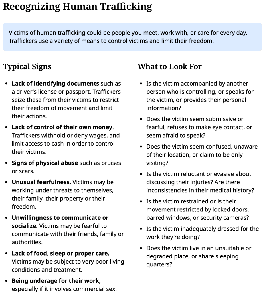 A graphic outlining common signs of human trafficking.