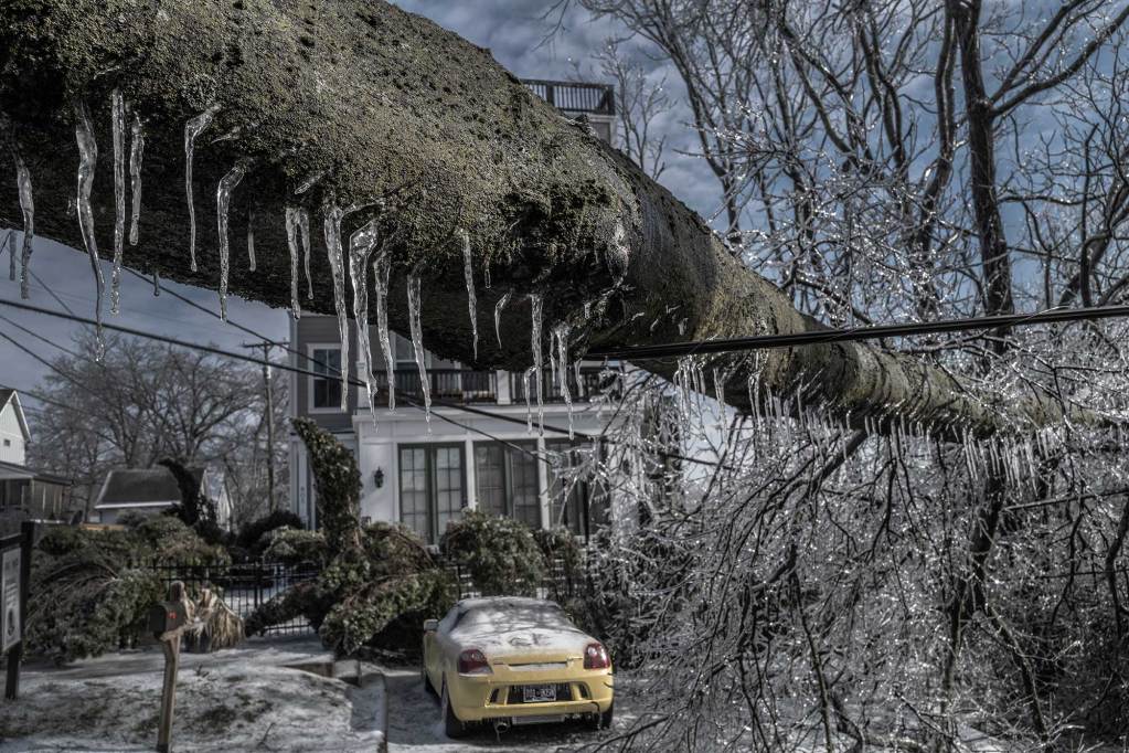 A fallen ice covered tree leans on power lines and into the yard of a home, a yellow car parked in the driveway