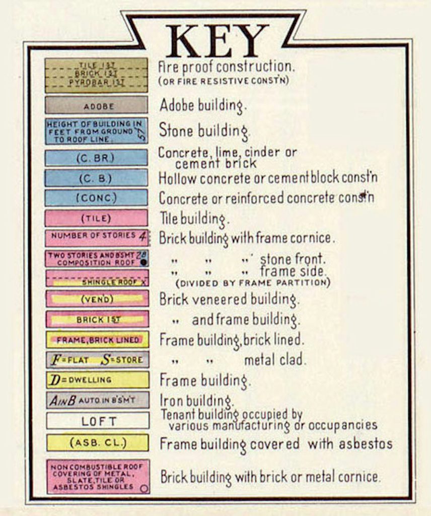 A map legend labeled “Key” with various descriptions of what colors mean when used on a map.