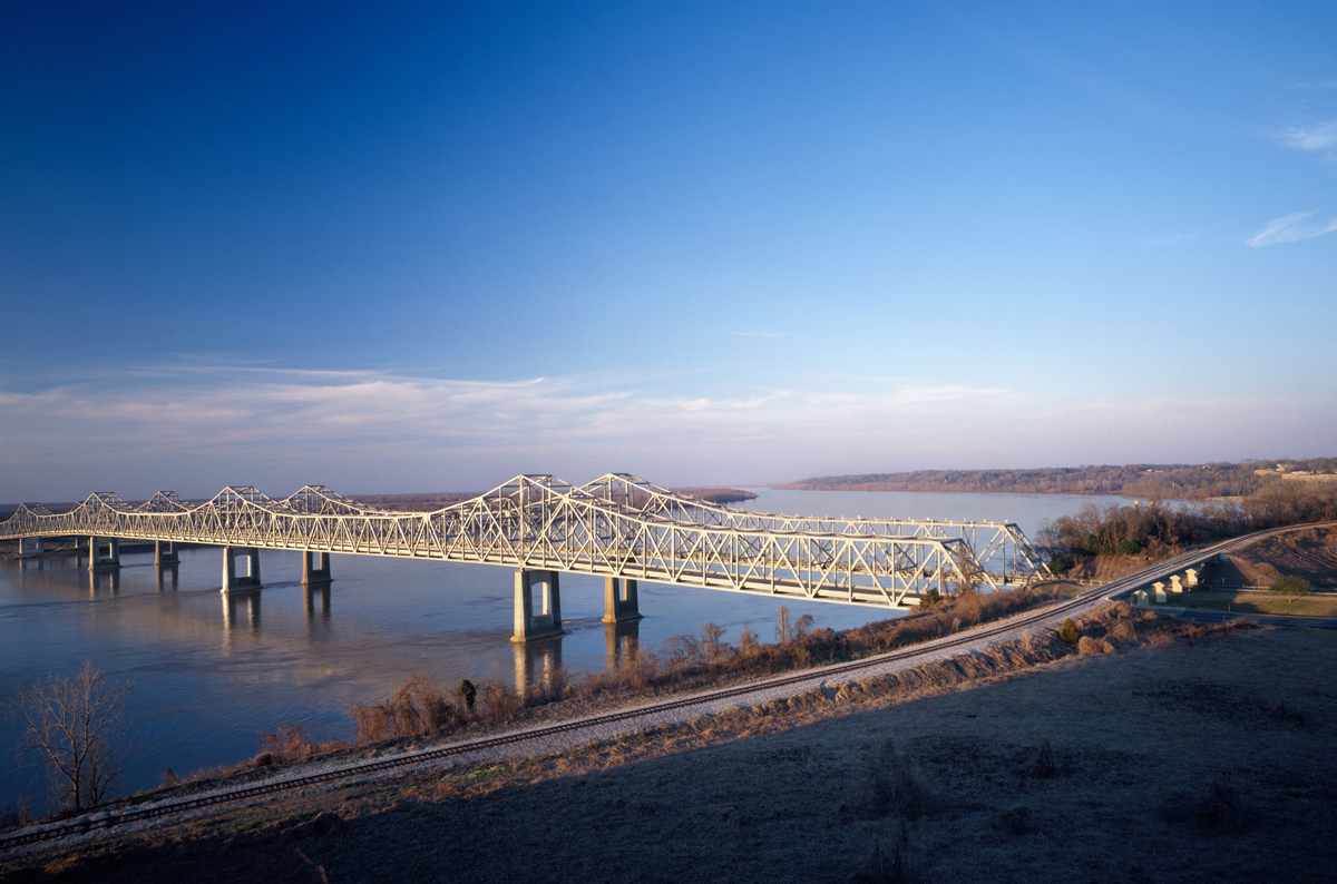 A white bridge over the Mississippi River
