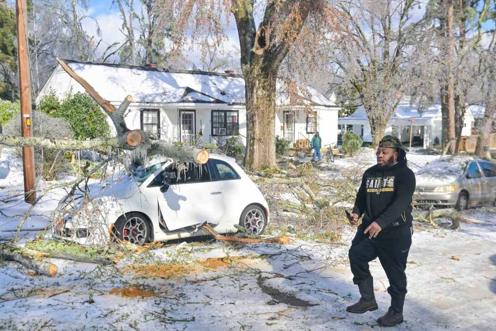 A man walks down a snow covered street, past cards covered in tree limbs
