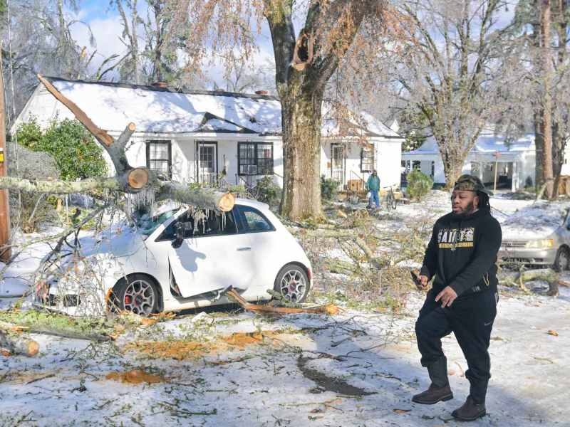 A man walks down a snow covered street, past cards covered in tree limbs