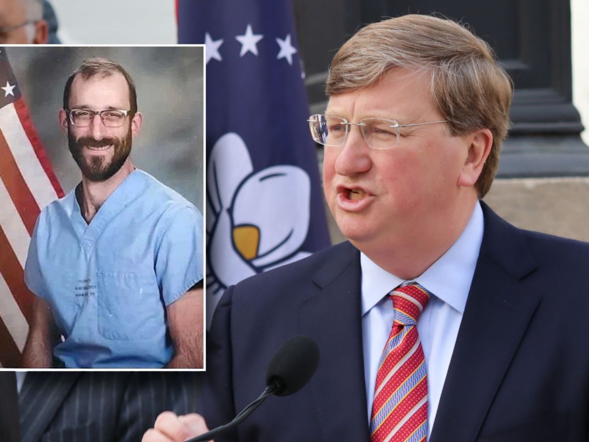 An official portrait of Alex Pretti, RN posed in blue scrubs and sitting in front of the US Flag, inset over a photo of Tate Reeves speaking at an outside event