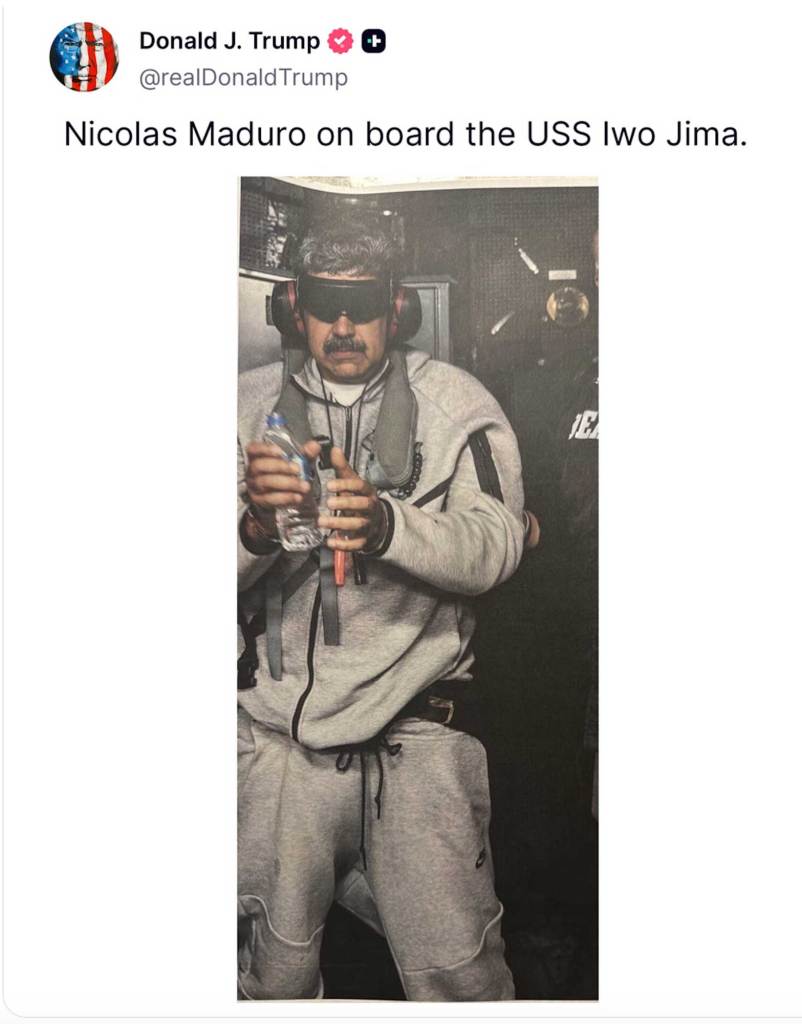 A screenshot from a post by Donald Trump featuring a picture of Nicolás Maduro blindfolded and handcuffed.