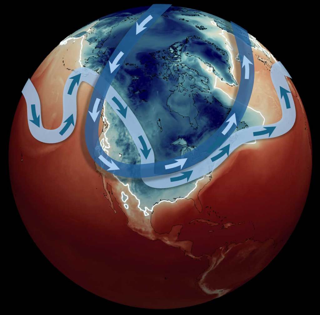 A globe showing the polar vortex and jet stream overlapping over the area where the storm hit