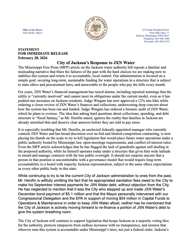 Response to JXN Water