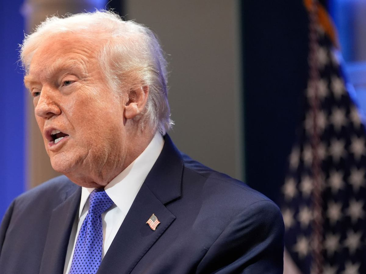 Donald Trump speaking at a briefing