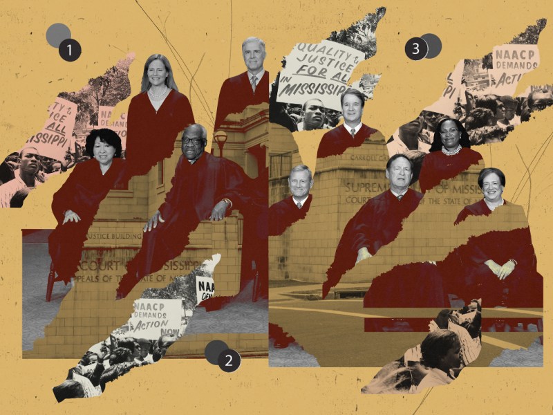 A photo collage shows parts of a photo of the current U.S. Supreme Court justices overlaid on a photo of the Mississippi Supreme Court. There are also excerpts of a photo of a protest with people holding signs saying "NAACP Demands Action" and "Quality Justice for all in Mississippi." The background of the illustration is pale mustard color and the photo collage is in tones of black, white, maroon and pink.
