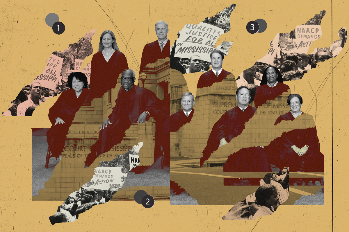 A photo collage shows parts of a photo of the current U.S. Supreme Court justices overlaid on a photo of the Mississippi Supreme Court. There are also excerpts of a photo of a protest with people holding signs saying "NAACP Demands Action" and "Quality Justice for all in Mississippi." The background of the illustration is pale mustard color and the photo collage is in tones of black, white, maroon and pink.