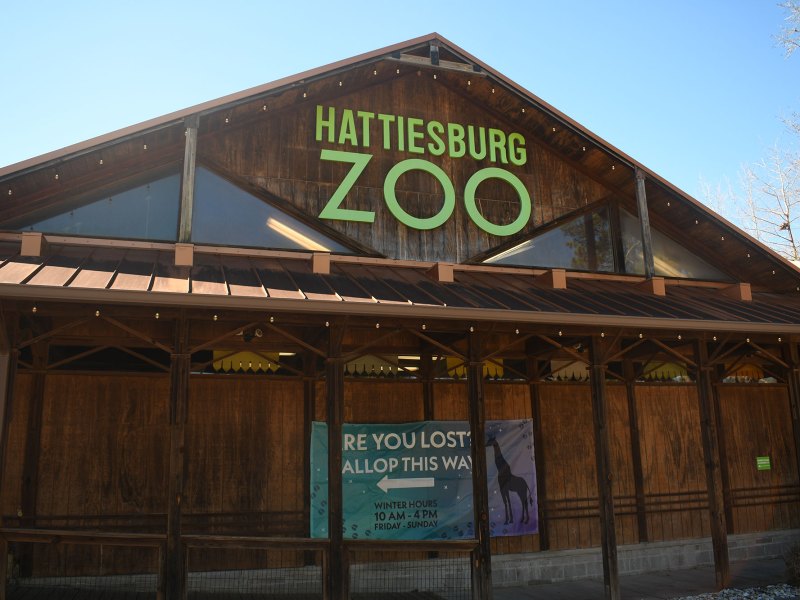 The front of a wooden building at the Hattiesburg Zoo is visible near the parking area.