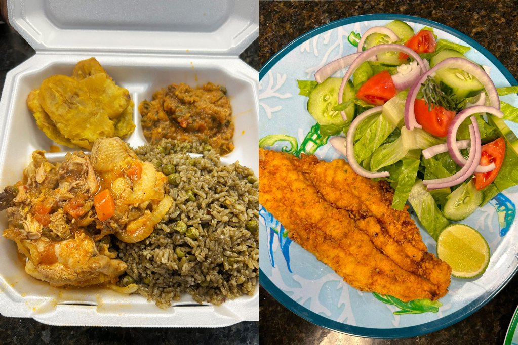 Two side by side plates of food from Little Haiti Caribbean