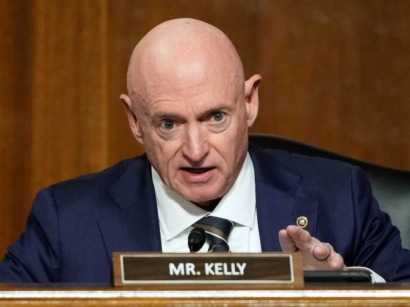U.S. Sen. Mark Kelly speaking during a hearing.
