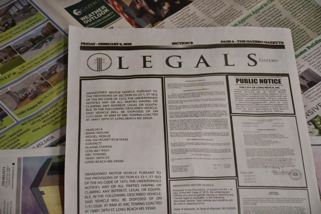 A section from the newspaper "The Gazebo Gazette" labeled LEGALS at top and filled with notices.