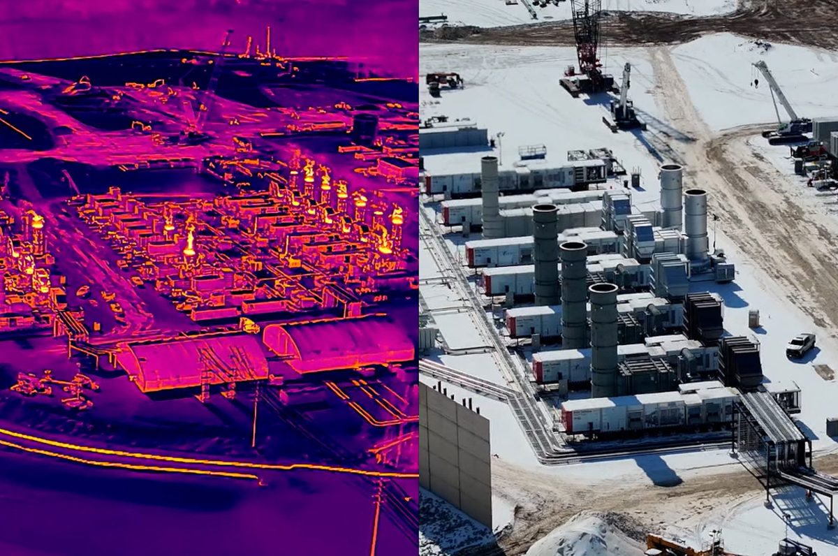 Aerial views of a power plant with thermal imaging on the left and a normal image on the right.