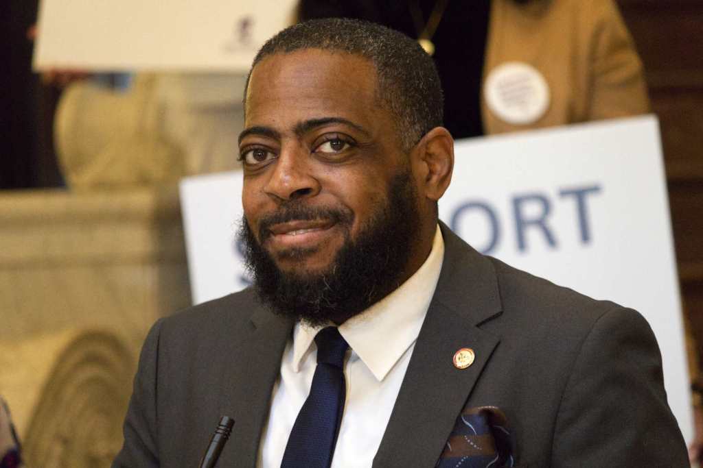 A closeup of Fabian Nelson speaking in the Capitol