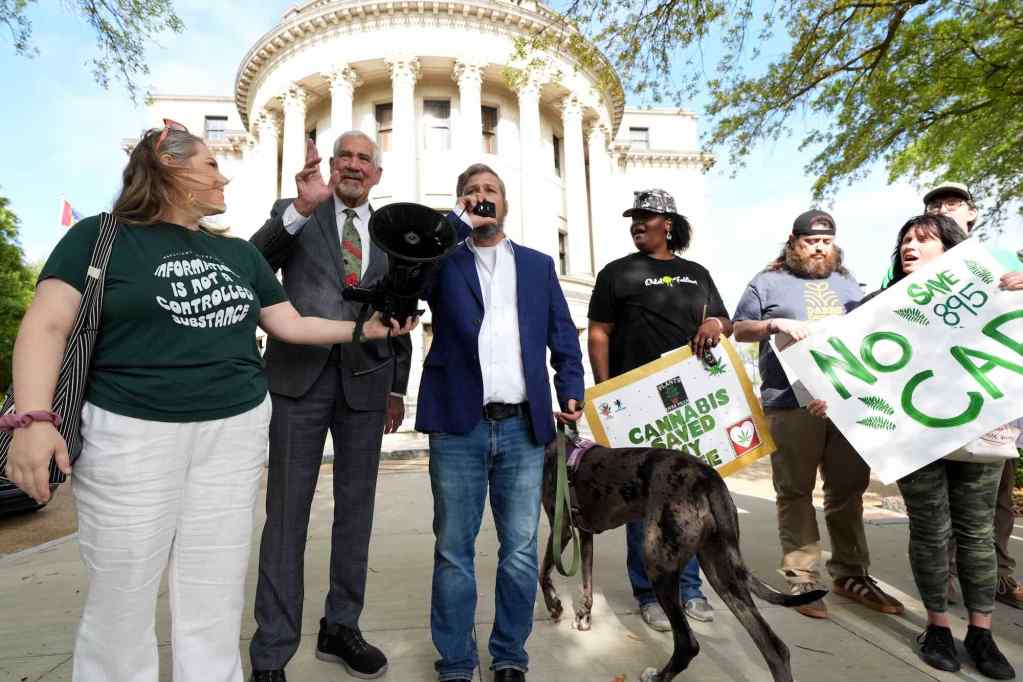 A group of people gather outside with signs that read 'Cannabis Saved My Life'