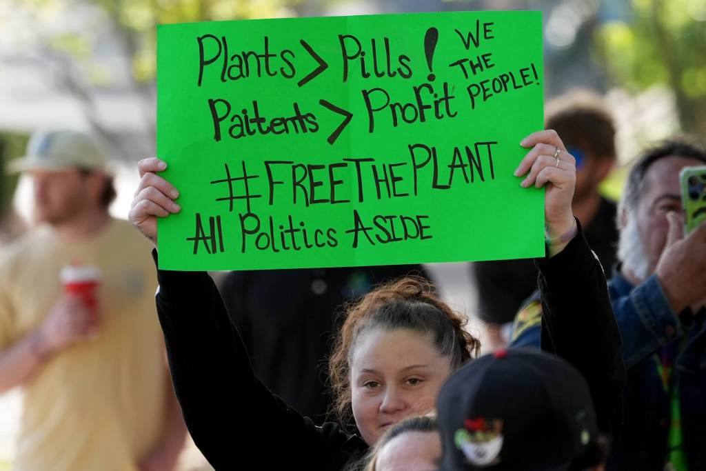 A person holds a green sign over their head that reads 'Plants > Pills! Patients > Profit!'