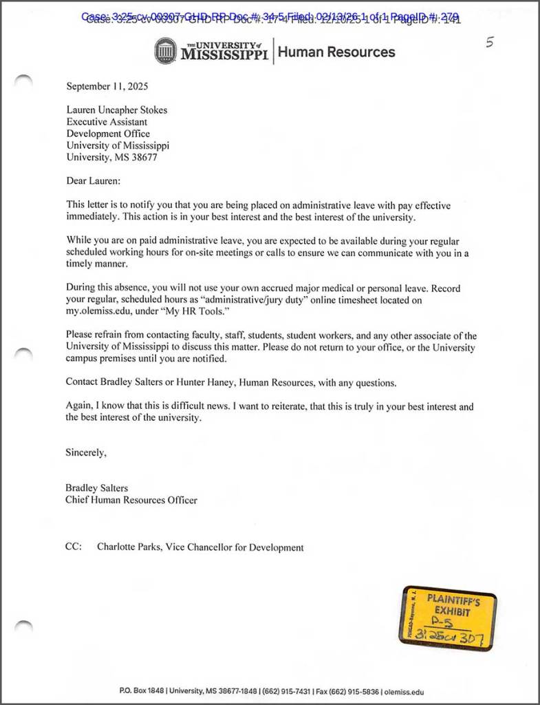 A notice sent to Lauren that she has been placed on administrative leave with pay
