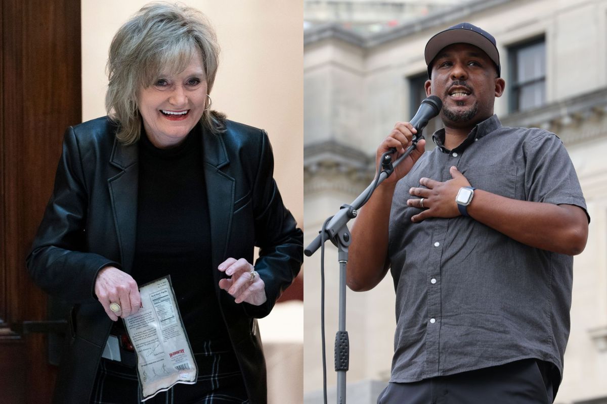 A side by side photo of Cindy Hyde-Smith leaving a meeting room, and Scott Colom speaking at an event outside