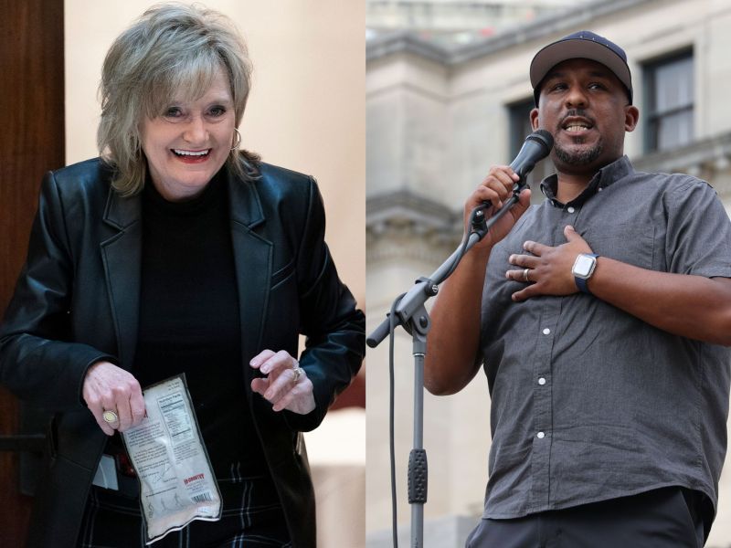 A side by side photo of Cindy Hyde-Smith leaving a meeting room, and Scott Colom speaking at an event outside