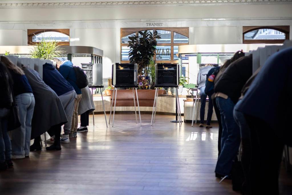 People lean into voting booths on both sides of the room