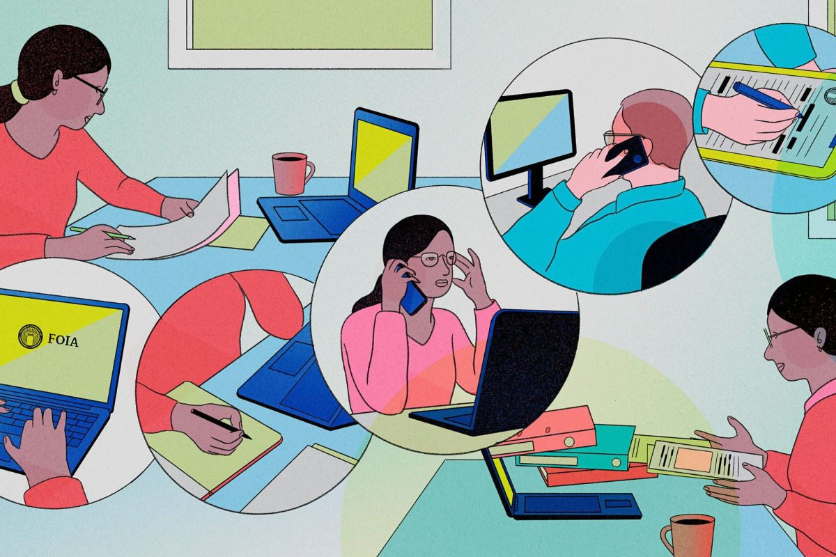 An illustration shows, at the top left, a woman with medium-toned skin holding papers and sitting in front of a laptop. Five circles are situated in sequence from the bottom left of the illustration to the top right. Inside the circles, from left to right are: hands typing on a laptop with the word "FOIA" on the screen; a hand writing on a notepad as a laptop is partially visible; a woman talking on a cellphone while sitting in front of a laptop; a man receiving a phone call in front of a desktop screen; and a man redacting a document. At the bottom right of the illustration is a woman receiving documents and binders that are flying out of a laptop screen.