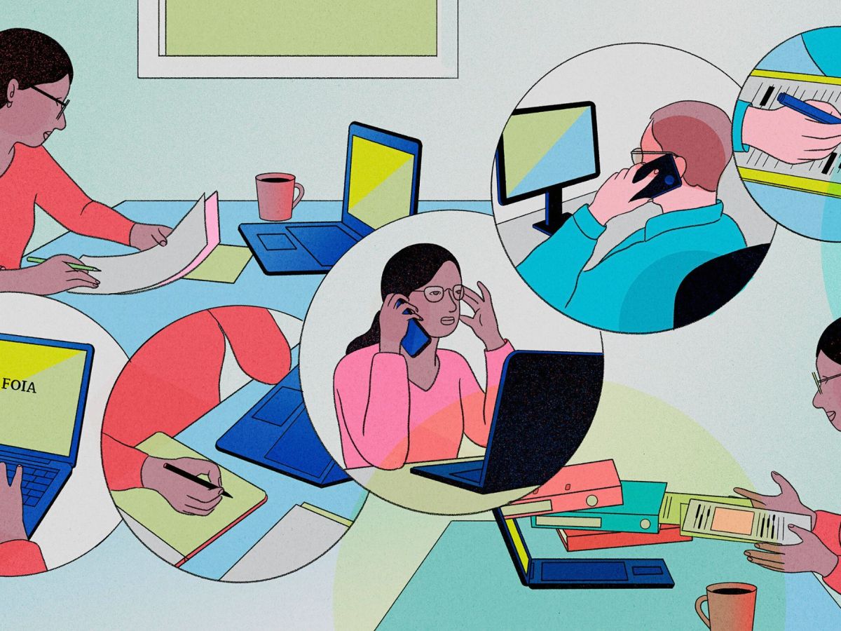 An illustration shows, at the top left, a woman with medium-toned skin holding papers and sitting in front of a laptop. Five circles are situated in sequence from the bottom left of the illustration to the top right. Inside the circles, from left to right are: hands typing on a laptop with the word "FOIA" on the screen; a hand writing on a notepad as a laptop is partially visible; a woman talking on a cellphone while sitting in front of a laptop; a man receiving a phone call in front of a desktop screen; and a man redacting a document. At the bottom right of the illustration is a woman receiving documents and binders that are flying out of a laptop screen.