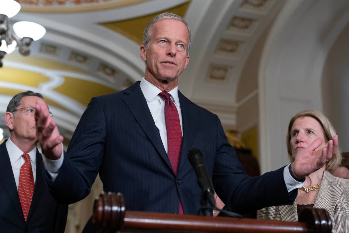 John Thune speaking at a podium with his arms out wide