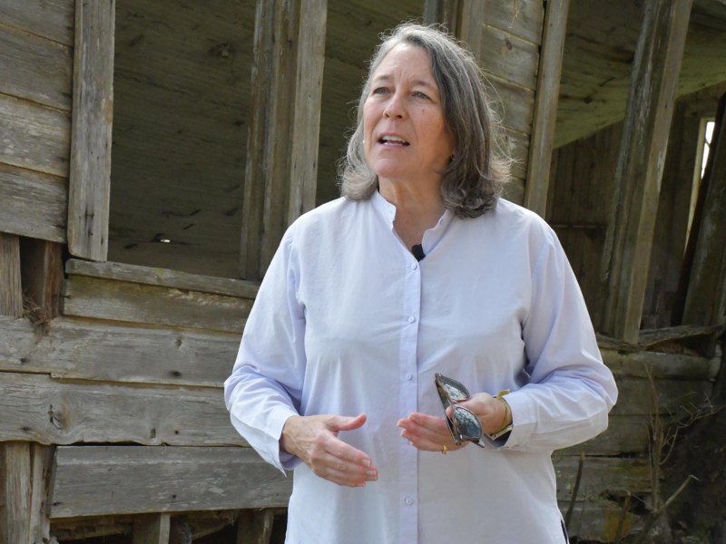 A woman stands in the center of the frame with a weathered structure behind her, looking to her right and gesturing with her hands as she speaks