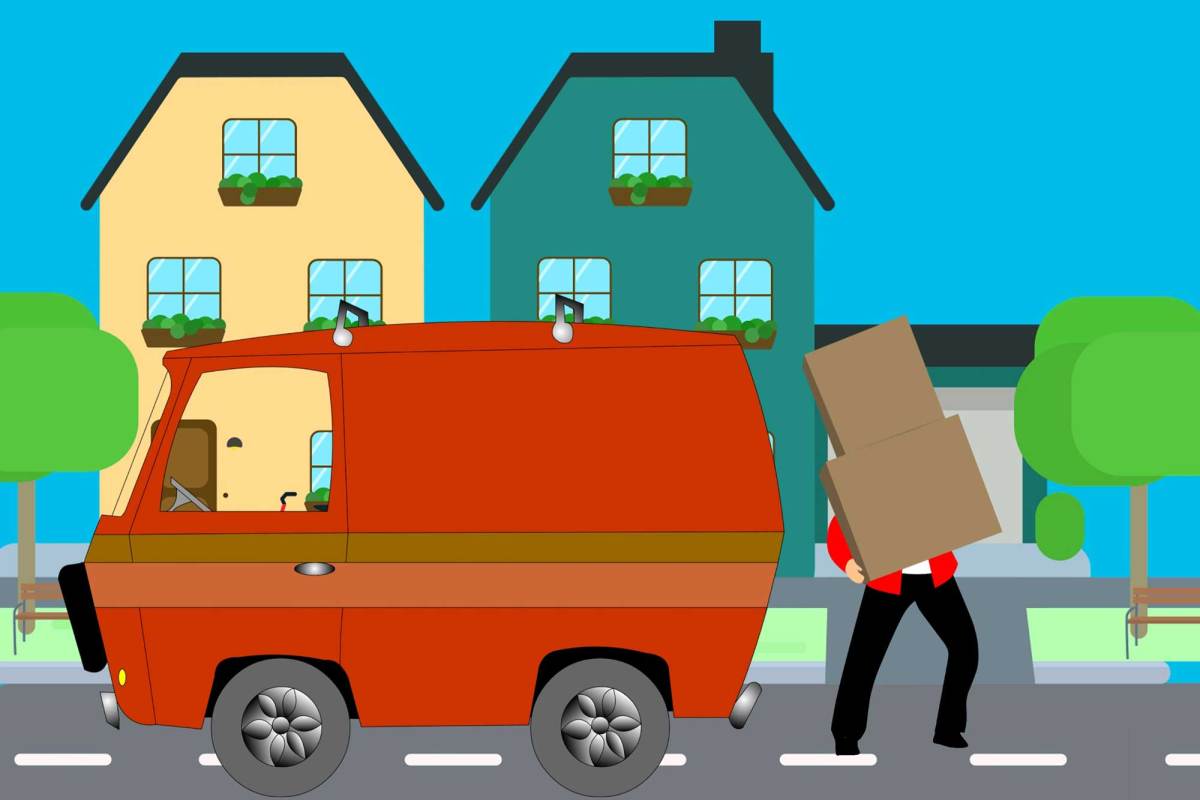 An illustration of an orange van parked in front of two houses, and a person moving boxes out of the van