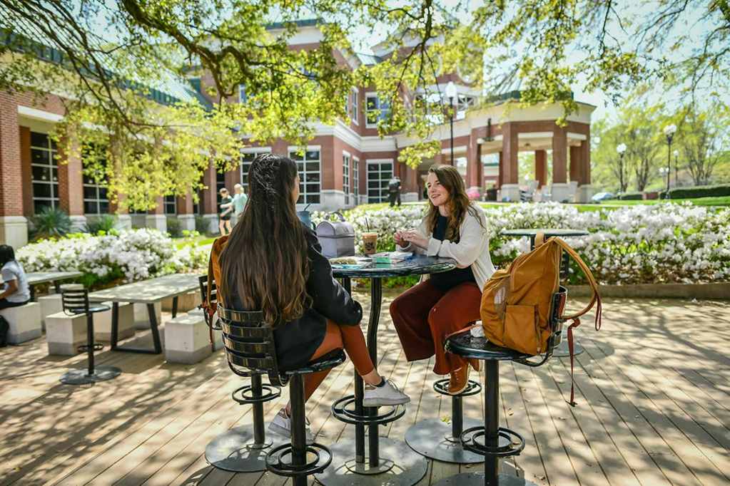 Two women seated at a table in a courtyard surrounded by bushes and trees
