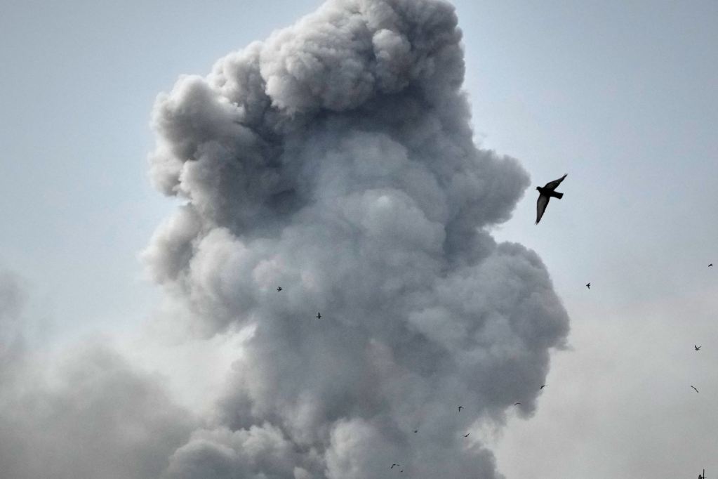 A bird flying by a massive plume of smoke