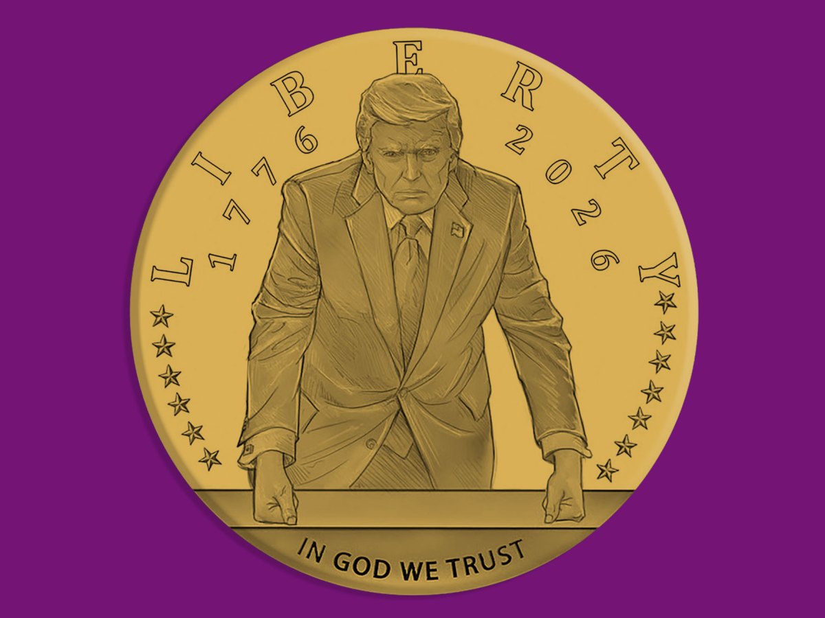 A coin featuring an illustration of President Donald Trump standing with his fists on a table. The word “Liberty” adorns the top and Trump’s image is flanked by “1776” and “2026.”