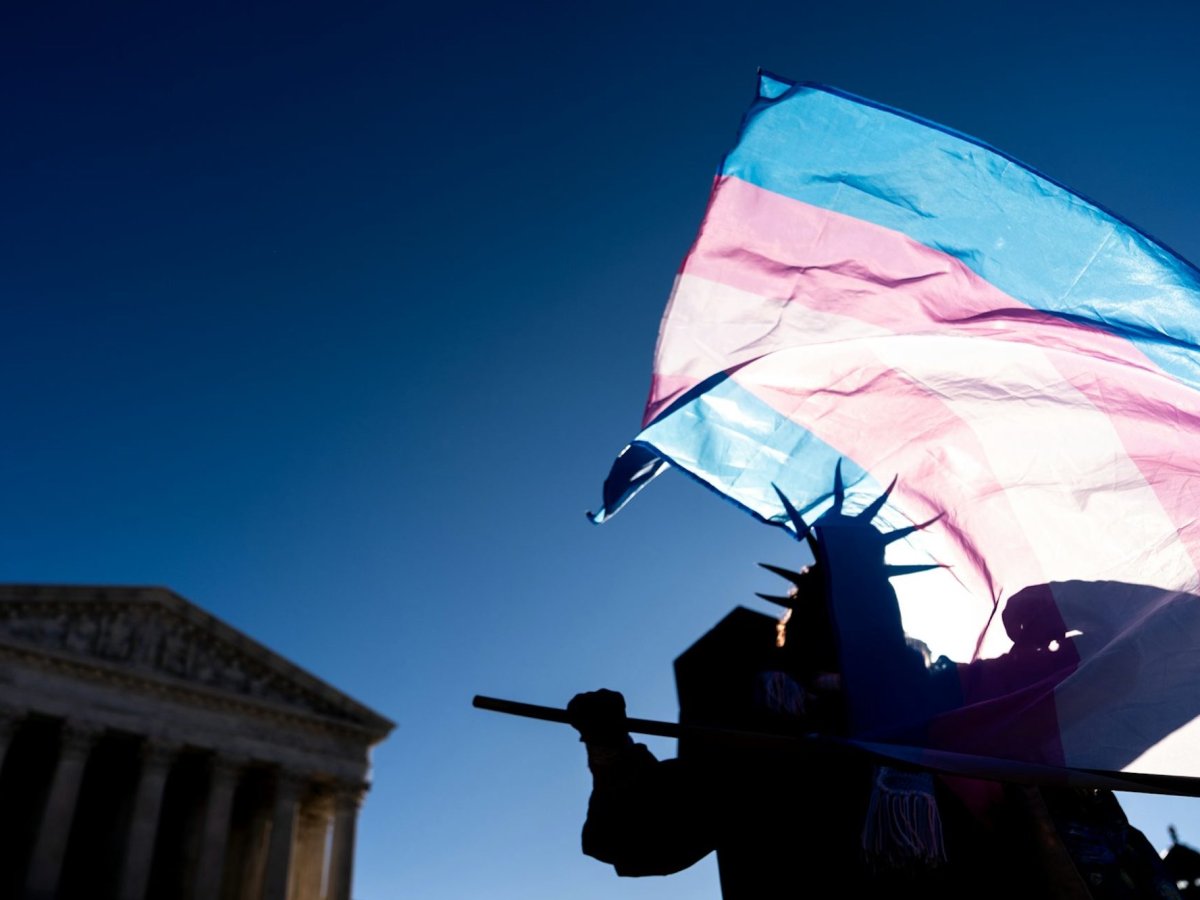The silhouette of a protestor wearing a Statue of Liberty hat and waving the trans flag