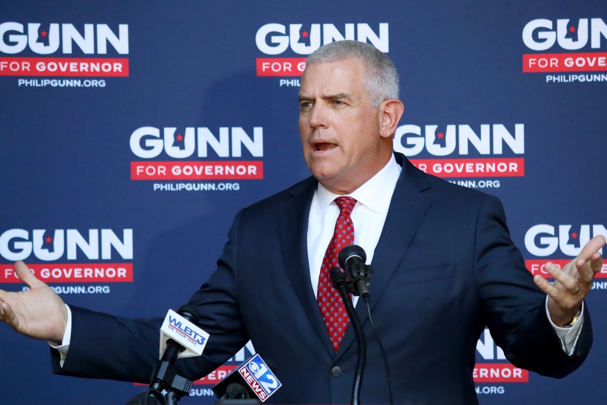 Philip Gunn speaks at a podium in front of a wall covered in repeating logos that reads Gunn for Governor