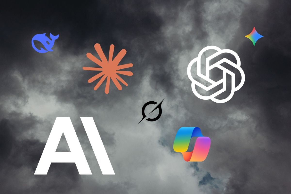 Several logos for generative ai companies on top of a dark cloudy sky