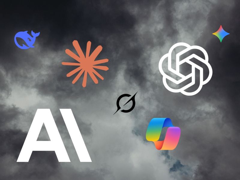 Several logos for generative ai companies on top of a dark cloudy sky