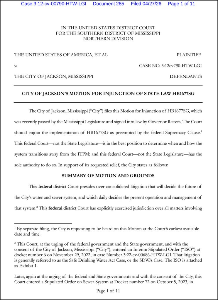A pdf file containing the City of Jackson’s request for federal courts to enjoin Mississippi’s Metro Jackson Water Act.