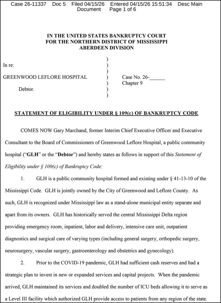 Greenwood Leflore Hospital bankruptcy court document