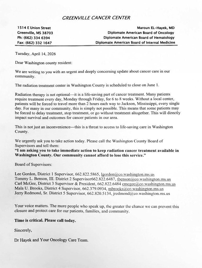 A letter from the Greenville Cancer Center