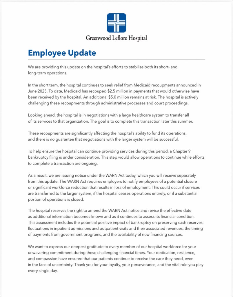A document titled Greenwood Leflore Hospital Employee Update